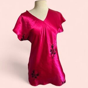 Y2K Vintage Pink Faux Satin Bedroom Top with Black Floral Embroidery
